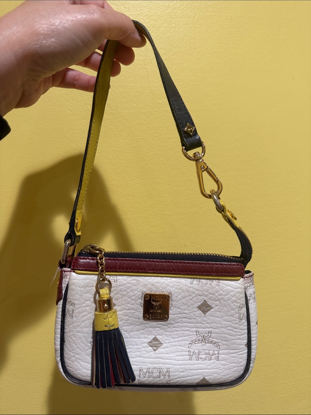 MCM White, Burgundy & Yellow Leather Mini Wristlet with Tassel